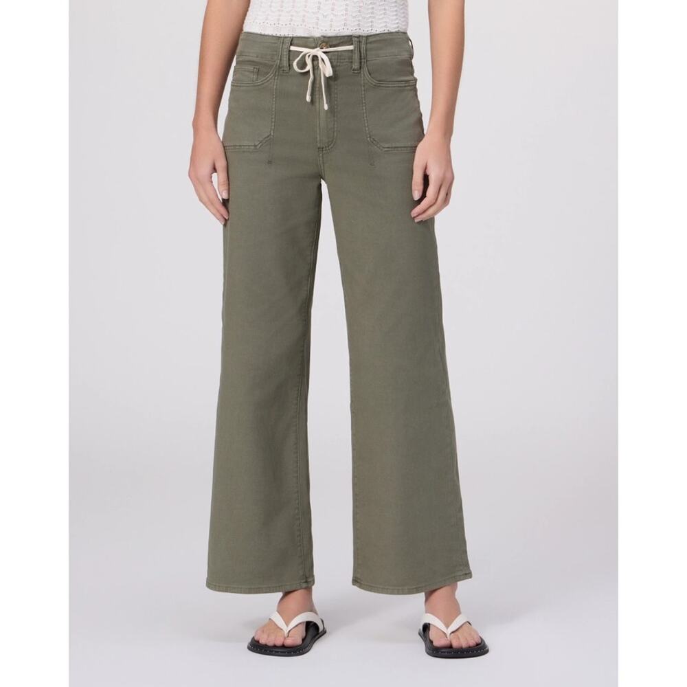 Paige Ari Wide Leg Pants Women's Size 33 Ivy Green Tie Waist Patch Pockets Ankle